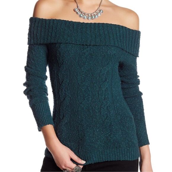 Free People- Cable Foldover Off The Shoulder Sweater in Teal Blue, Size Large - Picture 1 of 9